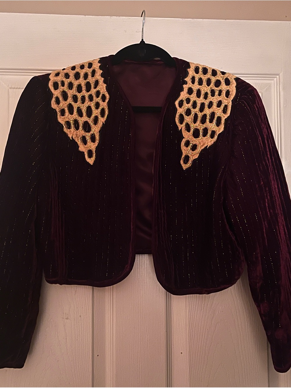 Velvet Cropped Blazer with Cream Crochet Collar - Burgundy